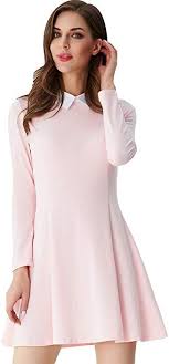 Aphratti Women S Long Sleeve Casual Peter Pan Collar Flare Dress Pink Large At Amazon Women S Clothing Store Doll Dress Babydoll Dress Dresses