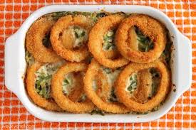 Green Bean Casserole With Onion Ring Topping This Delicious Casserole Is Made With A Homemade Creamy Mushroom Green Bean Casserole Bean Casserole Green Beans