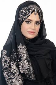Aise Tesettur Vizon Siyah Sifon Payetli Bone Sal 1 Goruntuler Ile Basortusu Modasi Mavi Abiye Mor