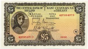 Central Bank Of Ireland Five Pounds 3 February 1943 63t 084973 Code Letter N Macdevitt E 092 Pick 3d Bank Notes Ireland Banknotes Money