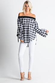 Black And White Checkered Off The Shoulder Top Black And White Gingham Checkered Print Off The Shoulder Top With Sleeve Bow Detail On The Long Sleeves 100 Cotton Clothes Online Wholesale Clothing Tops