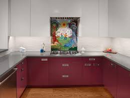 Wine Colored Cabinets And Accents In Varying Shades Of Teal Give This Modern White Modern Kitchen Kitchen Design Kitchen Cabinets Grey And White