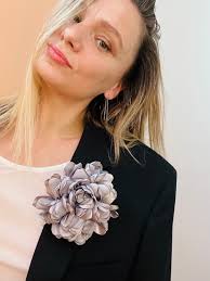 Large Silver Fabric Flower Brooch, Satin Pin Grey Rose, Flower Gift