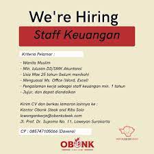Namun lebih dari sekadar uang, pasti ada tujuan lain yang ingin kamu capai dengan bekerja. Lowongan Kerja Staff Keuangan Obonk Steak Di Solo Info Loker Solo