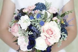 Wedding decor the mix of these two colors looks very subtle, don't hesitate to blend a dusty blue tablecloth and blush napkins , mix flowers in these shades and order cakes and cupcakes of dusty blue and blush color. Navy Bouquet Blush And Navy Bouquet Pink And Navy Bouquet Navy Wedding Flowers Blush Gold Wedding Prom Bouquet