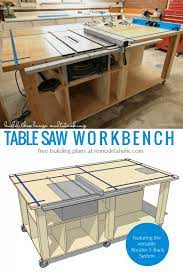 Table Saw Workbench Featuring Rockler T Track System Free Building Plan And Tutorial Remodelaholic Table Saw Workbench Diy Table Saw Table Saw Accessories
