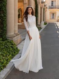 Wedding Dress With Evase Silhouette Swan Neckline And Three Quarter Sleeves In 2020 Boho Chic Wedding Dress Chic Wedding Dresses Bridal Dresses
