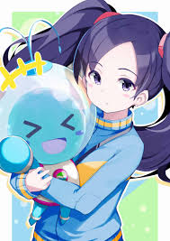 omochishiki, aquaman.exe, shuko kido (mega man), mega man (series), mega  man battle network, mega man battle network (series), mega man battle  network 6, framed, commentary request, highres, > <, 1boy, 1girl, :d,