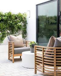 Stylish Wooden Light Colored Chairs With Grey Upholstery Will Fit Any Modern Space Modern Outdoor Furniture Diy Patio Furniture Outdoor Furniture