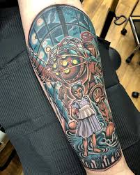 Bioshock Big Daddy And Little Sister Tattoo Big Daddy And Little Sister From Bioshock For Steve Inkedskin46 In 2020 Daddy Tattoos Tattoos Little Sisters