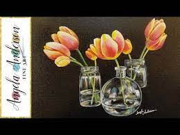 How To Paint Tulips In Glass Vases With Acrylics Step By Step Tutorial Youtub Flower Painting Lessons Acrylic Painting For Beginners Simple Acrylic Paintings