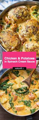 One Pan Chicken And Potatoes With Garlic Parmesan Spinach Cream Sauce Chicken Recipes Recipes Poultry Recipes