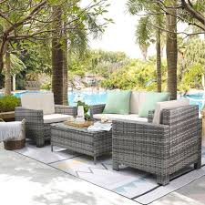 Walnew 4 Pieces Outdoor Patio Furniture Sets Rattan Chair Wicker Conversation Sofa Set Outdoor Indoor Backyard Porch Garden Poolside Balcony Use Furniture Bei Conversation Set Patio Outdoor Patio Furniture Sets Patio