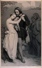 Faust and Marguerite in the garden walking hand-in-hand. Engraving by A.  Blanchard III, 1853, after A. Scheffer, 1846. | Wellcome Collection