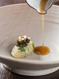 Cured Fluke With Caviar Puffed Buckwheat And Dashi Made Of Black Garlic And Tomato By Chef Lee Wolen Of Boka C Galdone Food Plating Fine Dining Recipes Food