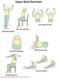 Begin by standing or sitting in an upright position, with your back straight and your slowly bend to your right side by moving your right elbow toward your right hip until you feel a slight stretch in your upper back. Upper Back Pain Exercises