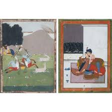 Sold at Auction: A INDIAN RAJASTHANI JODHPUR SCHOOL MINIATURE PAINTING, depicting a courting couple seated on a carpet on a bal