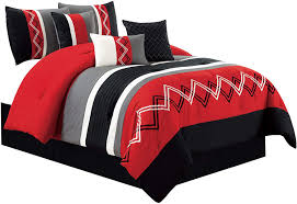 Red and black bedding comforter sets white bedrooms bed set full rugby stripes gray striped pattern for 7 piece with accent pillows amazing 4 unique home black red full rugby stripes comforter set gray white striped pattern bedding for. Amazon Com Chezmoi Collection Arden 7 Pieces Modern Pleated Stripe Embroidered Zigzag Bedding Comforter Set Queen Red Gray Black Off White Home Kitchen