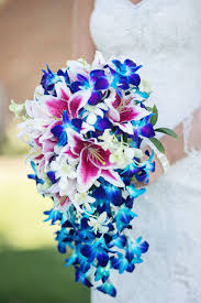 Blue Dendrobium Orchids With Pink Lilies For Bridal Bouquet Orchids Orchid Bouquet Wedding Blue Wedding Bouquet Blue Orchid Bouquet
