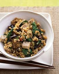 Brown Rice With Tofu Dried Mushrooms And Baby Spinach Asian Vegetarian Recipes Vegan Main Dishes Dried Mushrooms