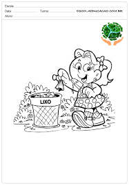 Coloring book or page cartoon illustration of black and white garbage objects set for children education. Desenhos Para Colorir Meio Ambiente Menina Jogando Lixo Na Lixeira Escola Educacao