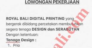 Lowongan kerja semarang juni 2021 di pt asia outsourcing services; Lowongan Pekerjaan Royal Bali Digital Printing Juni 2019 Lowongan Kerja Bali Terbaru 2019 Loker Bali Terbaru