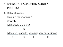 Jenis kalimat menurut susunan subjek dan predikatnya dapat dibagi menjadi dua, yaitu kalimat versi dan kalimat inversi. Jenis Kalimat Bagan Jenis Kalimat Jumlah Klausa K