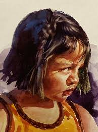 Vintage "sunny" Watercolor Portrait: Child With Braids, Artist R. Mcdowell 