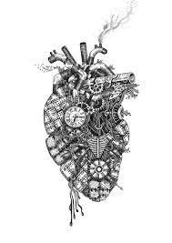 Black And White Robot Drawing Steampunk Robot Heart Gadgets Widgets Ink Black And White Ink Pen Drawings Detail Art Steampunk Robots