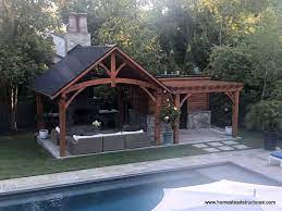 15 X 15 Timber Frame Pavilion With Attached Wood Pergola Shed Outdoor Pergola Backyard Structures Backyard Pavilion