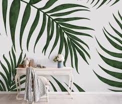 Palm Tropical Leaves Wallpaper Green Big Leaf Wall Mural Etsy Green Leaf Wallpaper Leaf Wallpaper Living Room Wall Designs