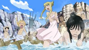 alphonse elric, edward elric, lan fan, ling yao, paninya (fma), winry  rockbell, fullmetal alchemist, official art, 3boys, 3girls, bathing,  mixed-sex bathing, multiple boys, multiple girls, onsen, shared bathing,  surprised, towel, water -