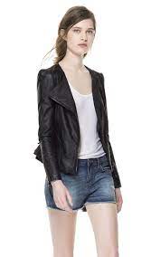 Leather Jacket With Ruffle Detail Stylish Denim Black Long Sleeve Leather Jacket