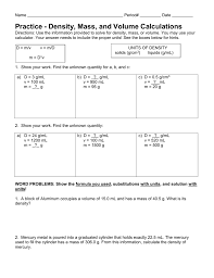 Density Calculations Worksheet I