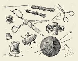 Nahen Vorstellungen Handgezeichnete Faden Nadel Schere Wollknauel Stricknadeln Hakeln Vektor Illustration Illustration Stricknadeln Hande Zeichnen