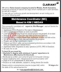 By admin june 01, 2021 by admin monday, may 31, 2021 Lowongan Kerja Tamatan S1 Untuk Posisi Maintenance Coordinator Di Pt Clariant Adsorbents Indonesia Penempatan Kim 2 Medan Mei 2021