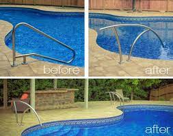 Attractive and modern alternative to traditional rail styles. Artisan Series Hand Rail By S R Smith Before And After Wise Pool Spa Ipoolwise Swimmingpools Swimmingpoo Pool Remodel Pool Steps Inground Pool Rails