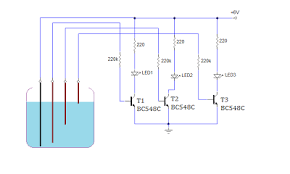 This is a simple water sensor/rain alarm circuit that makes an alarm when water/rain falls on its sensor. Simple Water Level Indicator Circuit Diagram Electronic Engineering Electronic Schematics