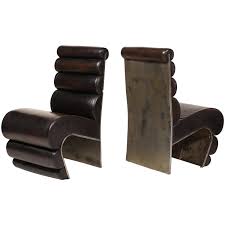 Postmodern Sculptural Steel And Leather French Pair Of Chairs 1980s France Black Leather Bed Leather Bed Postmodernism