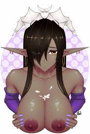 ryu seung, olga discordia, kuroinu ~kedakaki seijo wa hakudaku ni somaru~,  highres, 1girl, after paizuri, black hair, breasts, cleavage, cum, cum on  body, cum on breasts, cum on upper body, dark-skinned female,