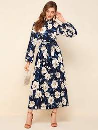 Shein Frilled Neck Floral Print Pleated Belted Dress Long Dress Casual Modest Long Dresses Modest Maxi Dress