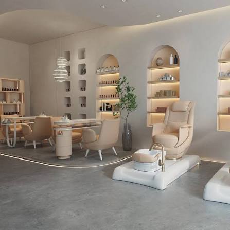 Salon pedicure spa station with tub and recliner chair
