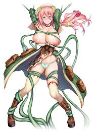 asahi, taimanin (series), taimanin rpgx, character request, highres, 1girl,  blue eyes, boots, breasts, choker, cleavage, clothes pull, green panties,  harpy, hat, large breasts, monster girl, panties, pink hair, ponytail,  shiny skin, shirt