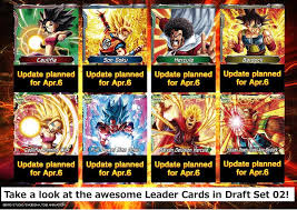 Bandai relaunched the card game on july 28, 2017. Dragon Ball Super Card Game Take A Look At The Awesome Leader Cards In Draft Set 02 Skills To Be Revealed On April Http Www Dbs Cardgame Com Product Dbs Box02 Php Facebook