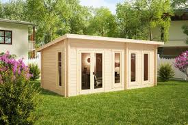 Gartenhaus Mit Pultdach Liam 16m2 6 X 3 M 44 Mm Hansagarten24 Garden Log Cabins Garden Cabins Contemporary Garden Rooms