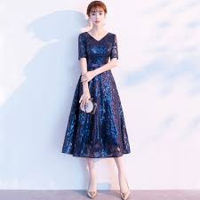 パーティードレス ワンピース ロングドレス 二次会 結婚式 演奏会 パーティー エレガント vネック 五分袖 ロング丈 大きいサイズ xs s m l ll 3l 4l キラキラ スパンコール ネイビー パーティードレス ドレス ワンピース ドレス