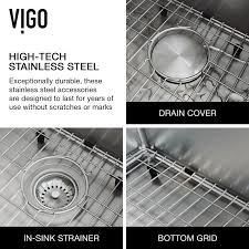 Double bowl brushed and drains crafted stainless steel kitchen sink product description & features: Vigo All In One 33 Oxford Stainless Steel Single Bowl Farmhouse Slotted Apron Front Kitchen Workstation Sink Set With Brant Faucet In Matte Brushed Gold Grid Strainer And Soap Dispenser