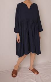 Momo Dress Navy Wrinkled Shriveled Bark Texture Linen Cotton Dress Defective Platya