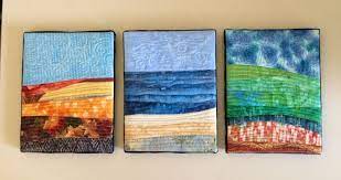 Three Mini Landscape Quilts Small Canvas Mounted Wall Hangings Fiber Wall Art In Blue Orange Green Landscape Quilts Fiber Wall Art Art Quilts