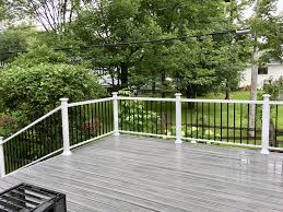 Black Aluminum Deck Railing Our Deck Trex Island Mist Decking With White And Black Aluminum Railing Pergola On The Roof Deck House Yard